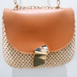 Tan & Brown Handwoven Rattan Straw Crossbody Shoulder Bag Metal Gold Chain NEW